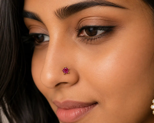 AVIRRA Gold Filled Ruby Red Star Crystal Wired Nose Pin