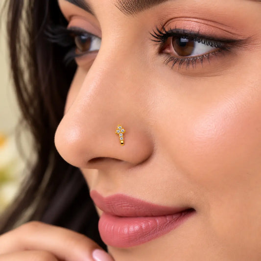 AVIRRA Gold Filled Floral Crystal Long Wired Nose Pin