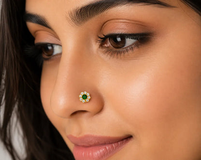 AVIRRA Gold Filled Emerald Green Crystal Floral Wired Nose Pin