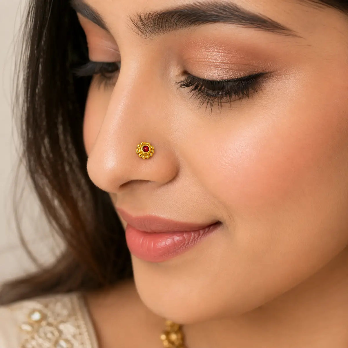AVIRRA Gold Filled Floral Red Crystal Wired  Nose Pin