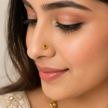AVIRRA Gold Filled Floral Red Crystal Wired  Nose Pin