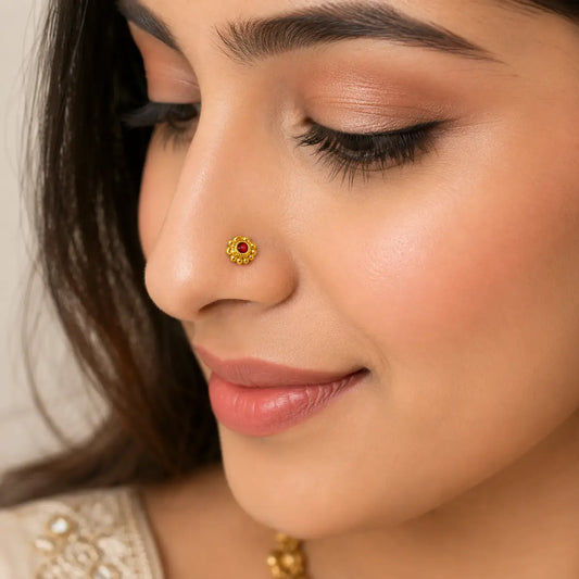 AVIRRA Gold Filled Floral Red Crystal Wired  Nose Pin