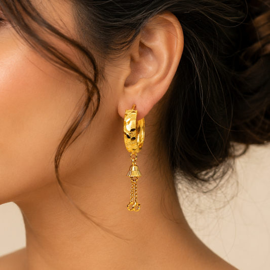AVIRRA Gold Filled Textured Hoop Tassel Earrings
