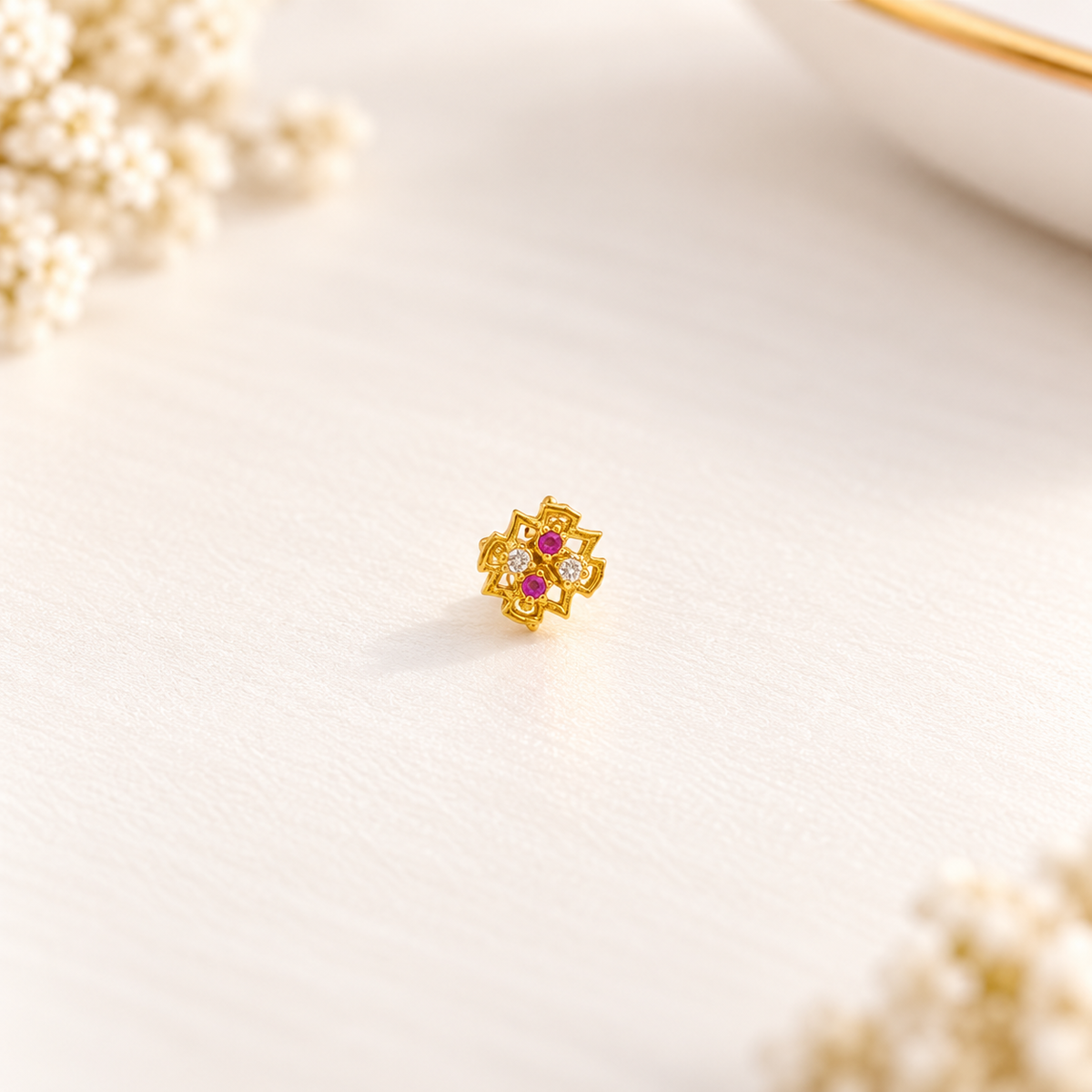 AVIRRA Gold Filled Pink Ruby Floral Crystal Nose Pin