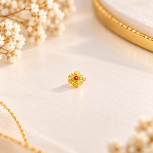 AVIRRA Gold Filled Red Stone Floral Nose Pin