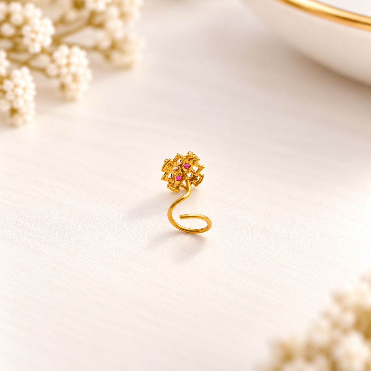 AVIRRA Gold Filled Pink Ruby Floral Crystal Nose Pin