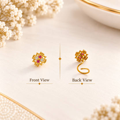 AVIRRA Gold Filled Pink Ruby Floral Crystal Nose Pin