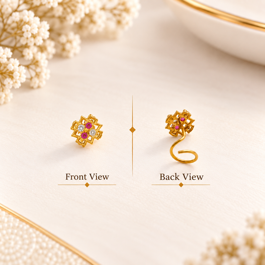 AVIRRA Gold Filled Pink Ruby Floral Crystal Nose Pin